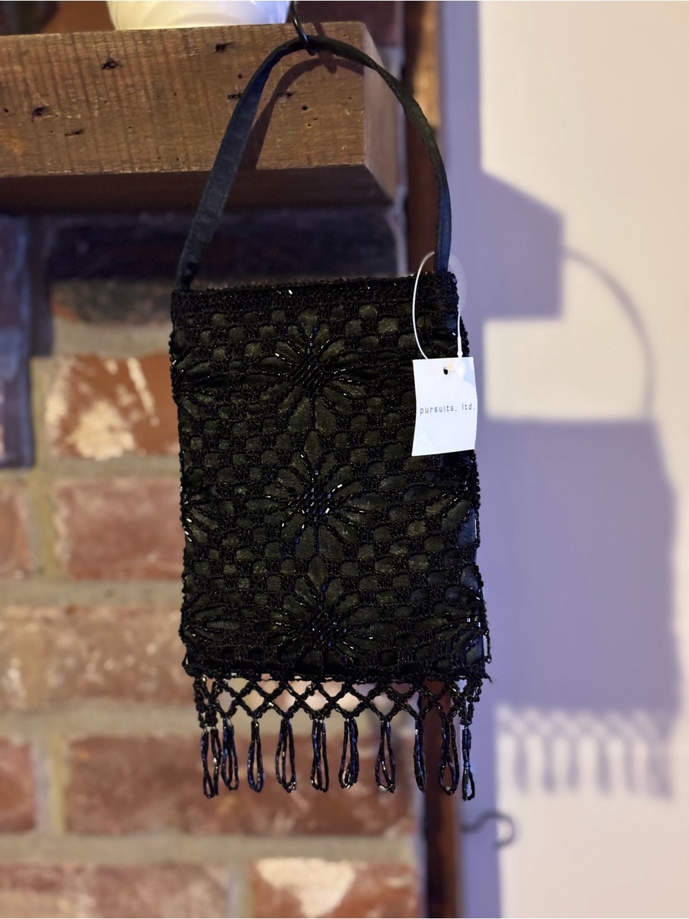 Black Beaded Floral Fringe Wristlet by